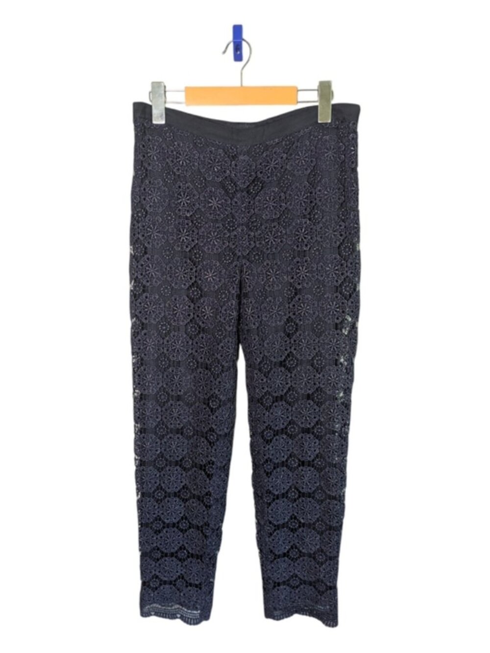 St. John Caviar "Emma" Grace Plume Lace Pants Silk Blend Navy Blue Size 8